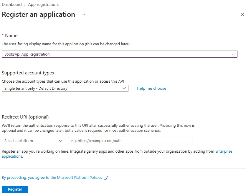 Create app registration Create app registration